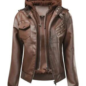 Hooded Coffee Motorcycle Biker Style Jacket